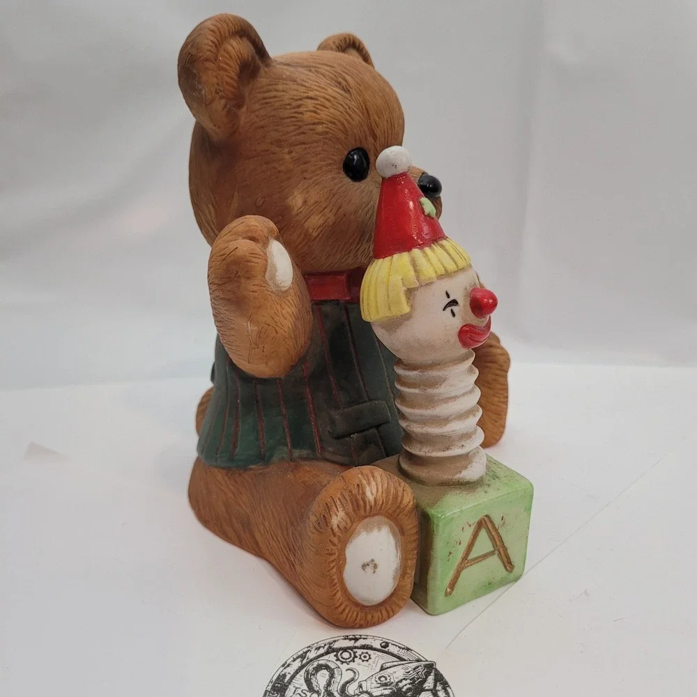 Vintage Ceramic Teddy Bear Music Box Jack-in-the-Box Figurine Taiwan Brown Green
